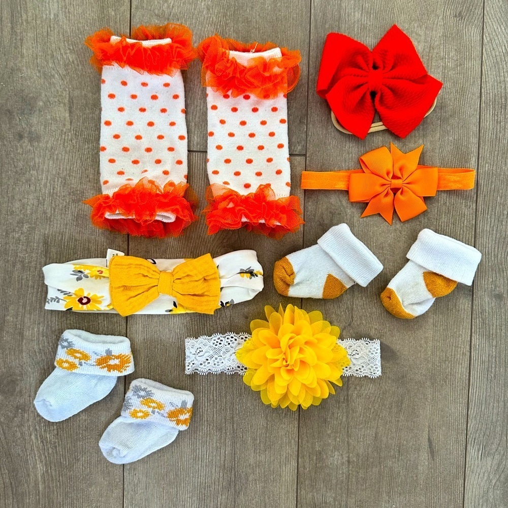 Baby girl accessory lot 
Leg warmers, headband bows, socks